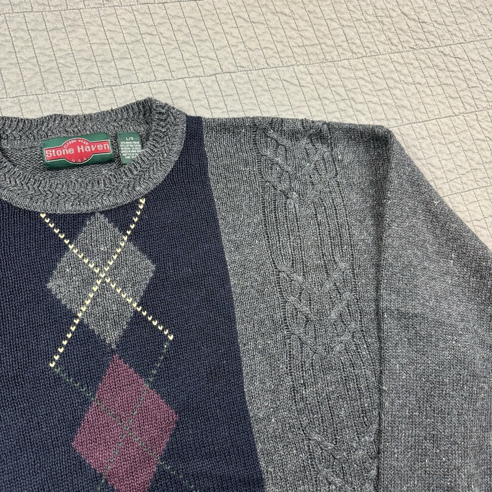 Vtg Stone Haven Sweater Men Large Cable Knit Argyle Striped Grandpa Dad Retro - Picture 3 of 9